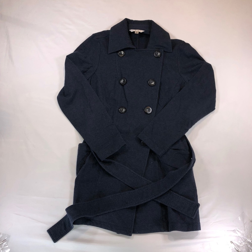 Cabi Navy Blue Double Breasted Knit Trench Coat Belted Jacket 151 Small